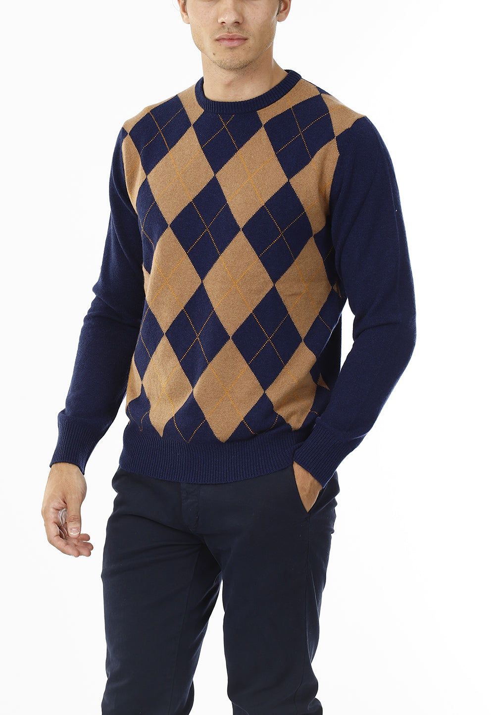 MAGLIONE GIROCOLLO ROMBI LANA E CASHMERE_MARRONE