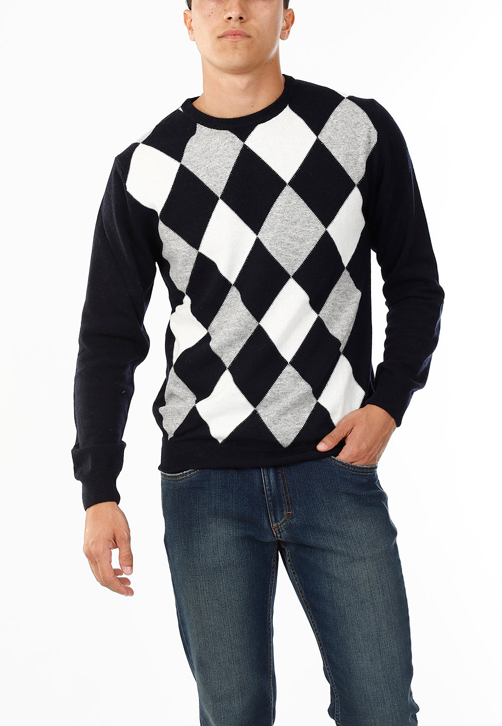 MAGLIONE GIROCOLLO ROMBI LANA E CASHMERE_BLU