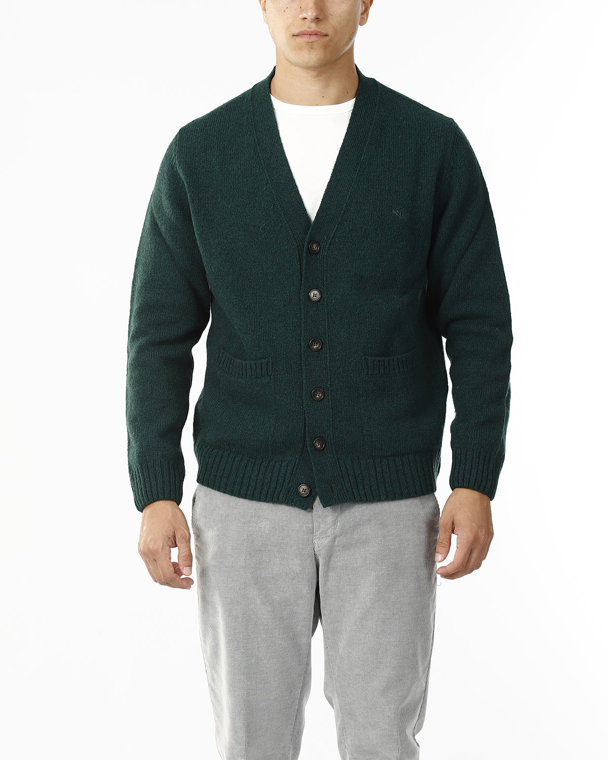 CARDIGAN SCOLLO V LANA SHETLAND 100%_VERDE