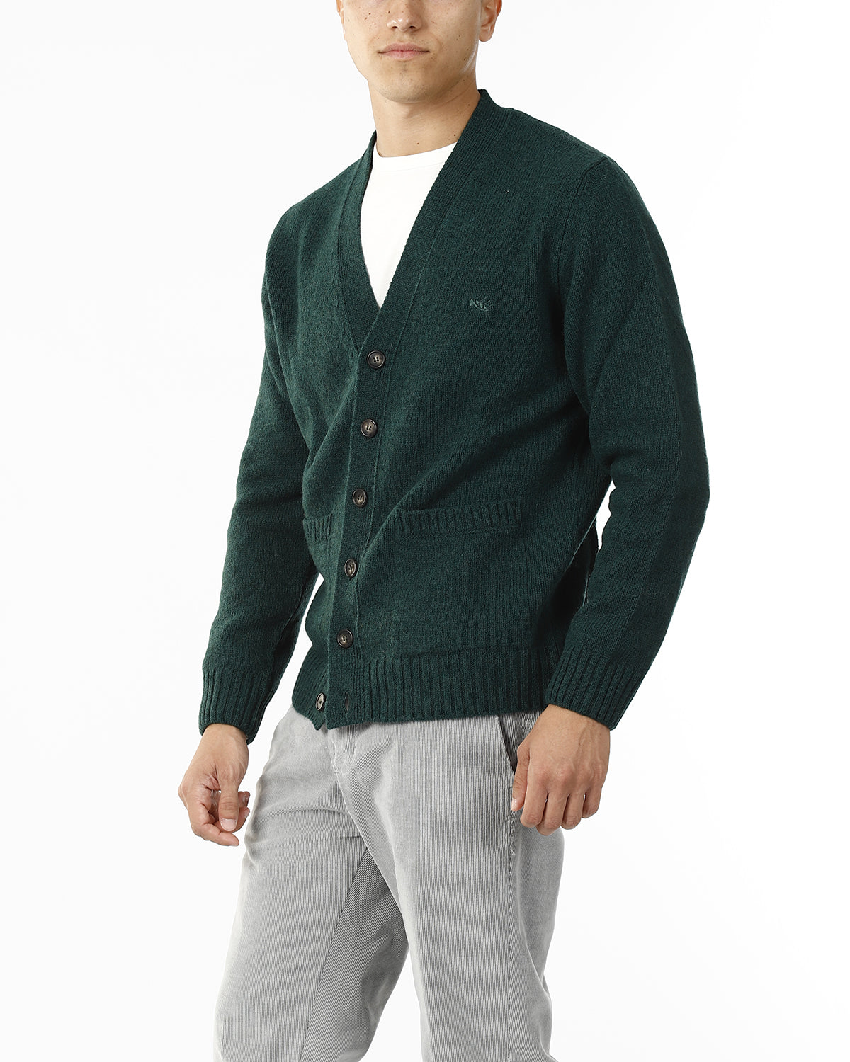 CARDIGAN SCOLLO V LANA SHETLAND 100%_VERDE