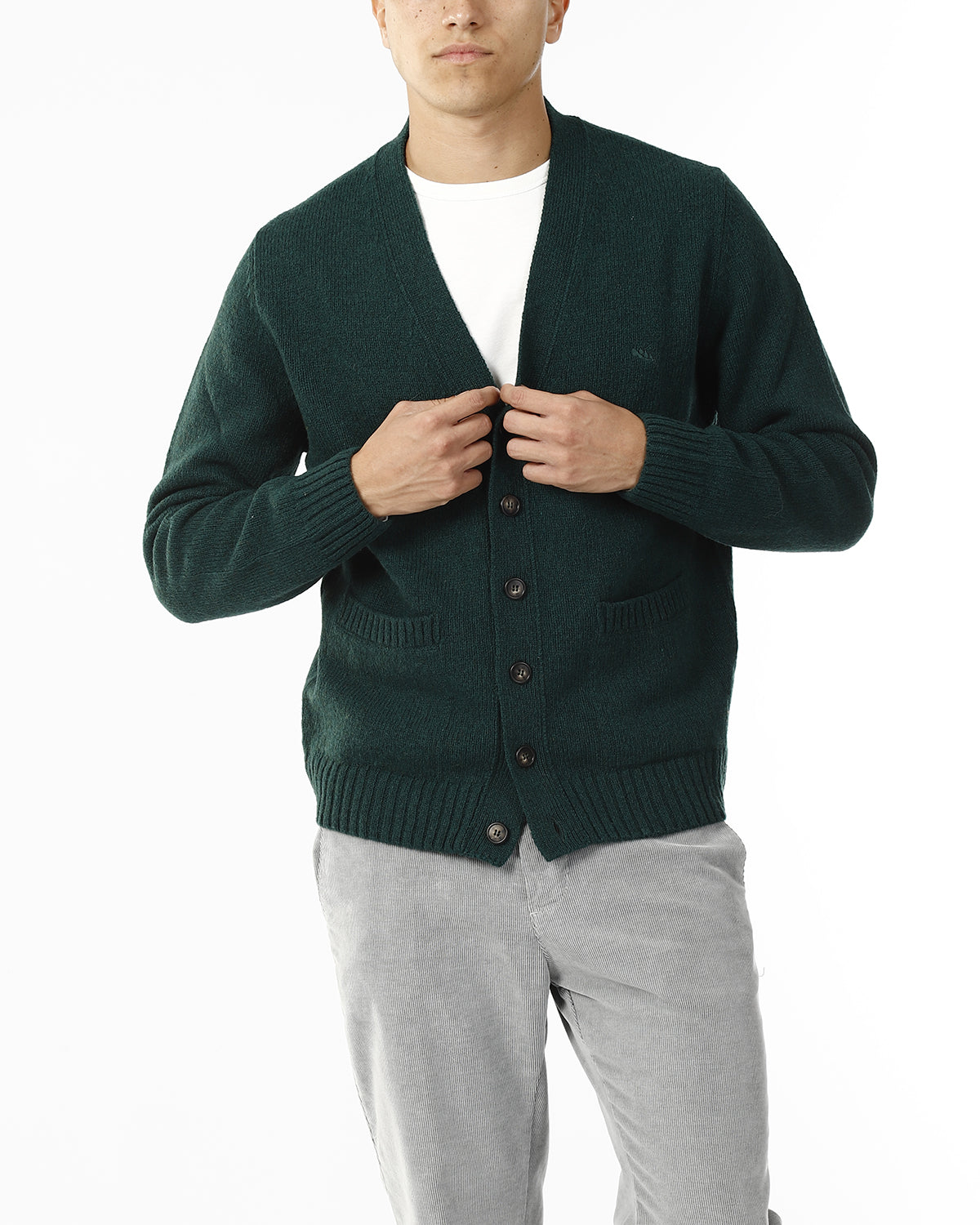 CARDIGAN SCOLLO V LANA SHETLAND 100%_VERDE
