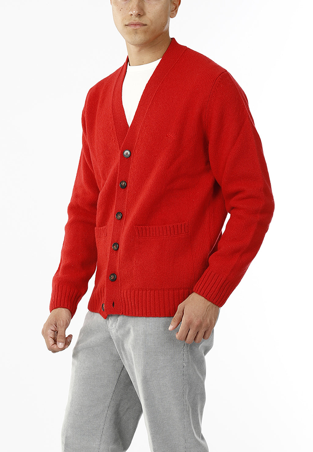 CARDIGAN SCOLLO V LANA SHETLAND 100%_ROSSO