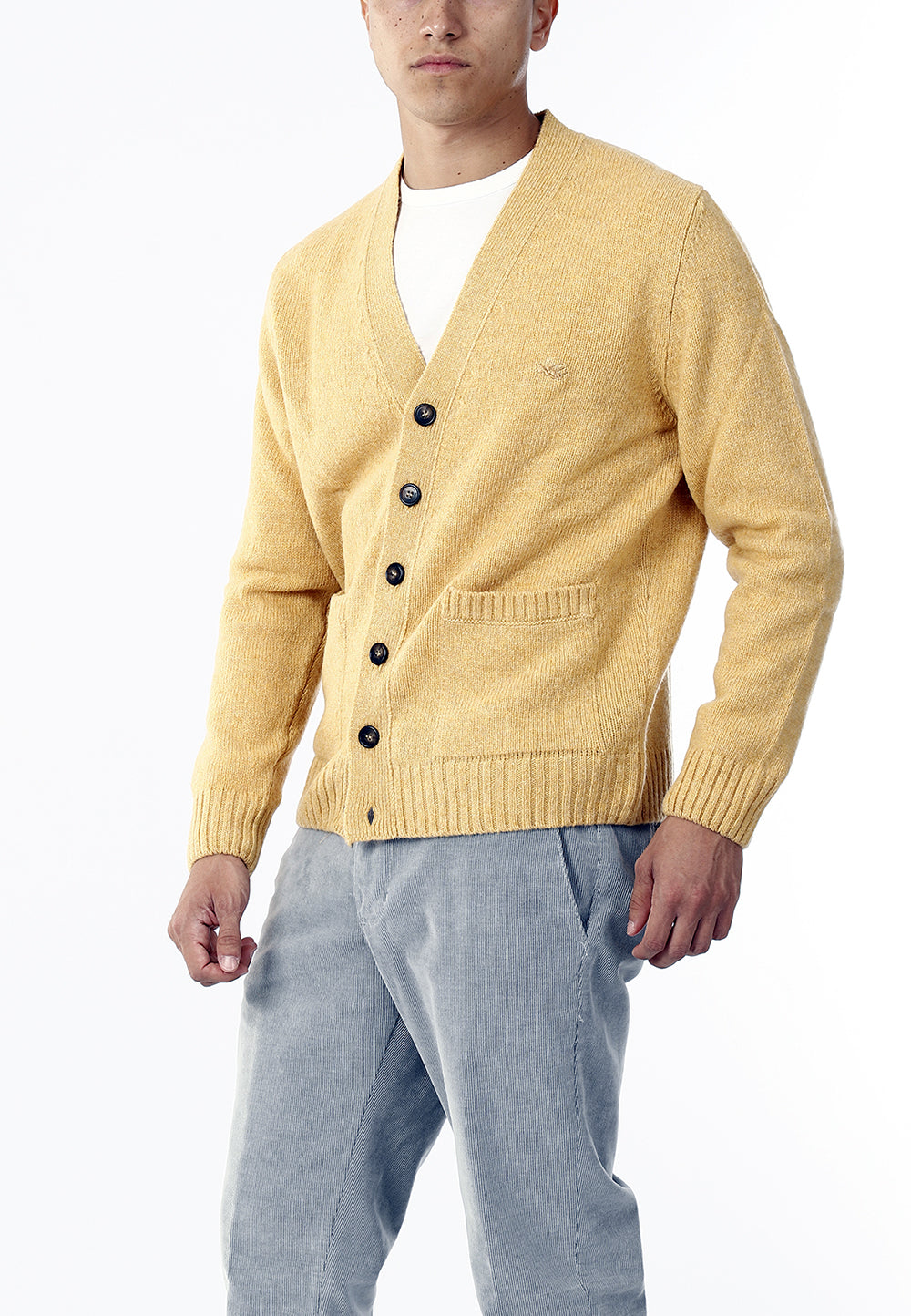 CARDIGAN SCOLLO V LANA SHETLAND 100%_GIALLO