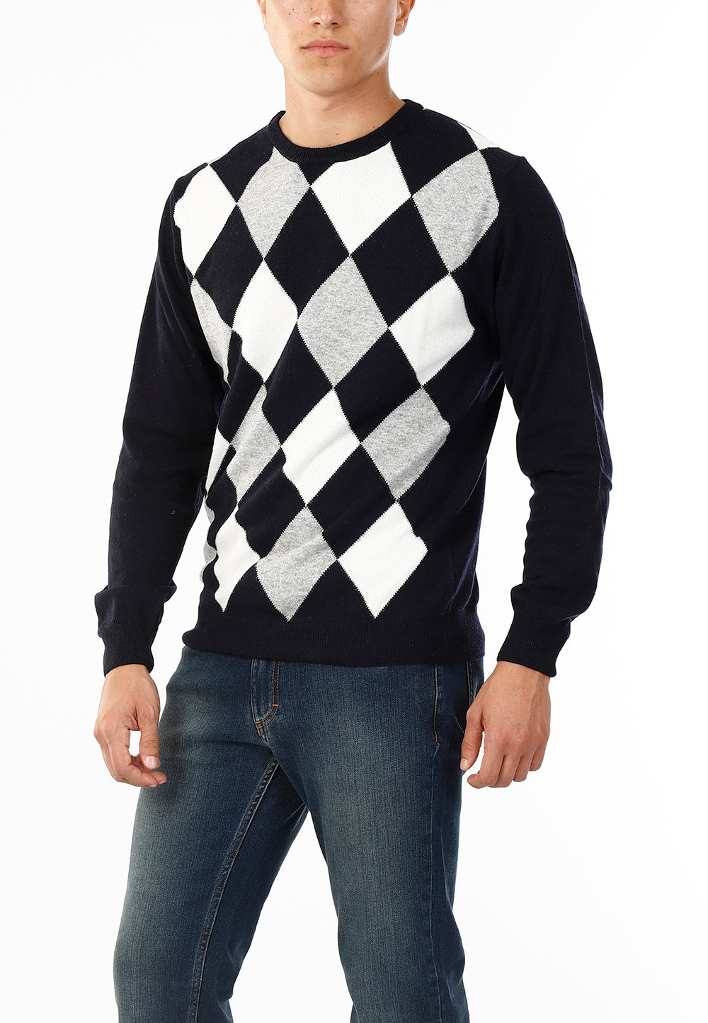 MAGLIONE GIROCOLLO ROMBI LANA E CASHMERE_BLU