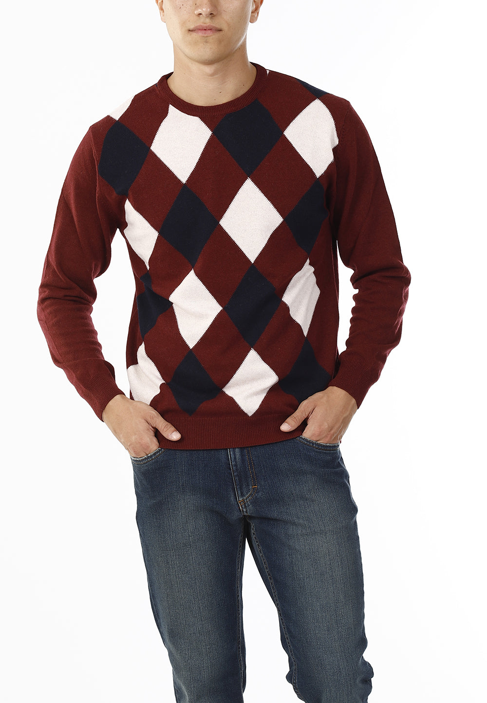 MAGLIONE GIROCOLLO ROMBI LANA E CASHMERE_BORDEAUX