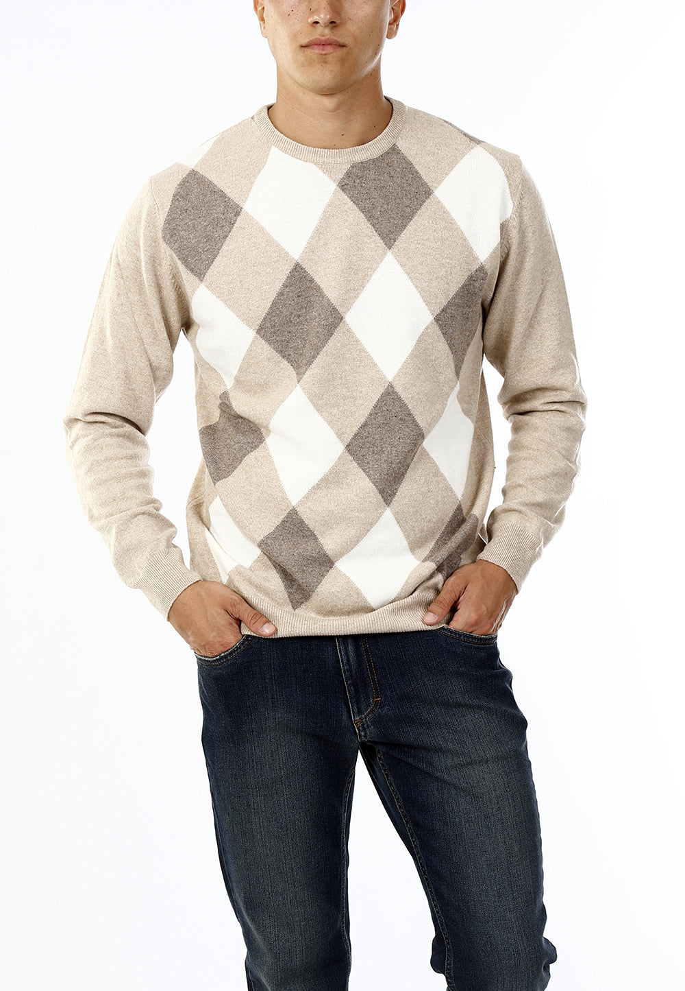 MAGLIONE GIROCOLLO ROMBI LANA E CASHMERE_BEIGE