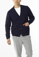 CARDIGAN SCOLLO V LANA SHETLAND 100%_BLU