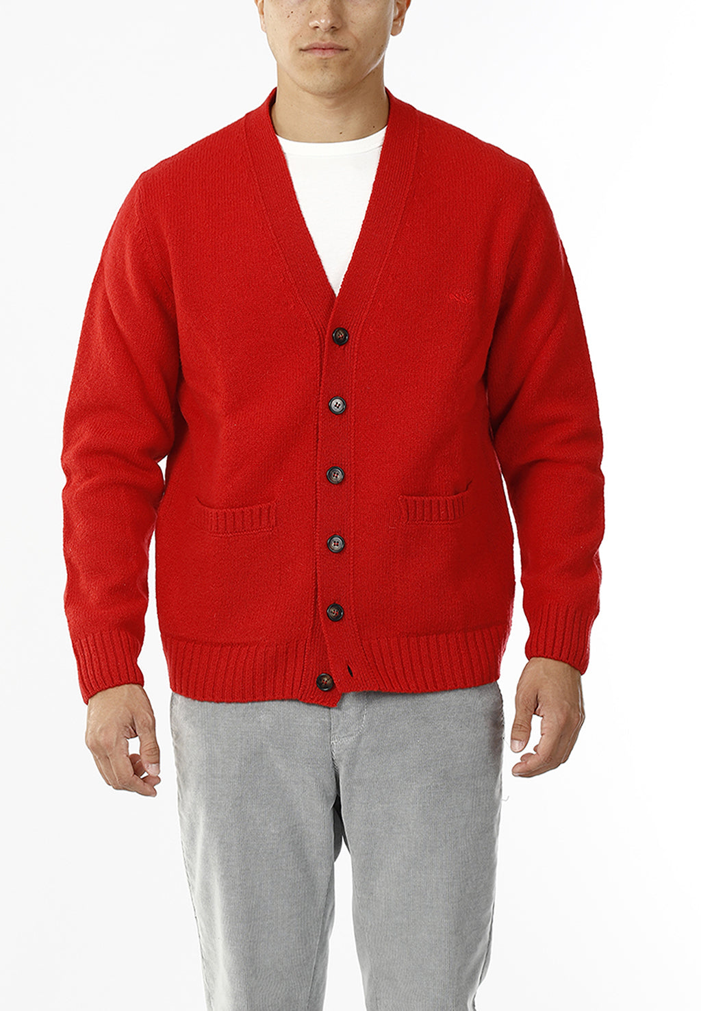 CARDIGAN SCOLLO V LANA SHETLAND 100%_ROSSO