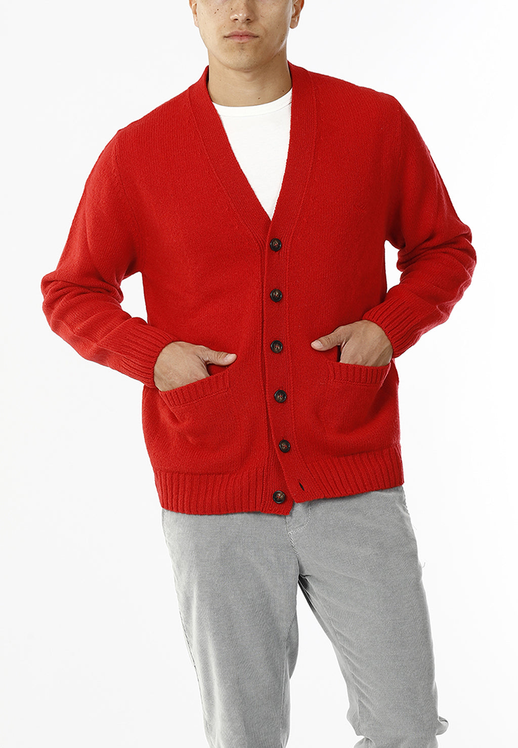 CARDIGAN SCOLLO V LANA SHETLAND 100%_ROSSO