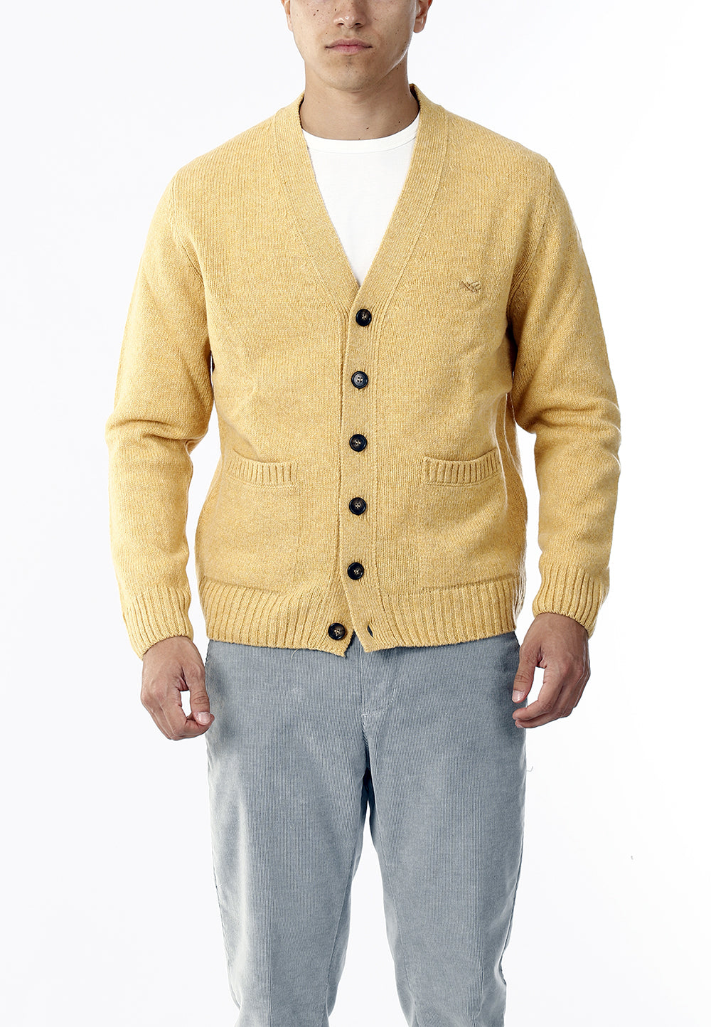 CARDIGAN SCOLLO V LANA SHETLAND 100%_GIALLO