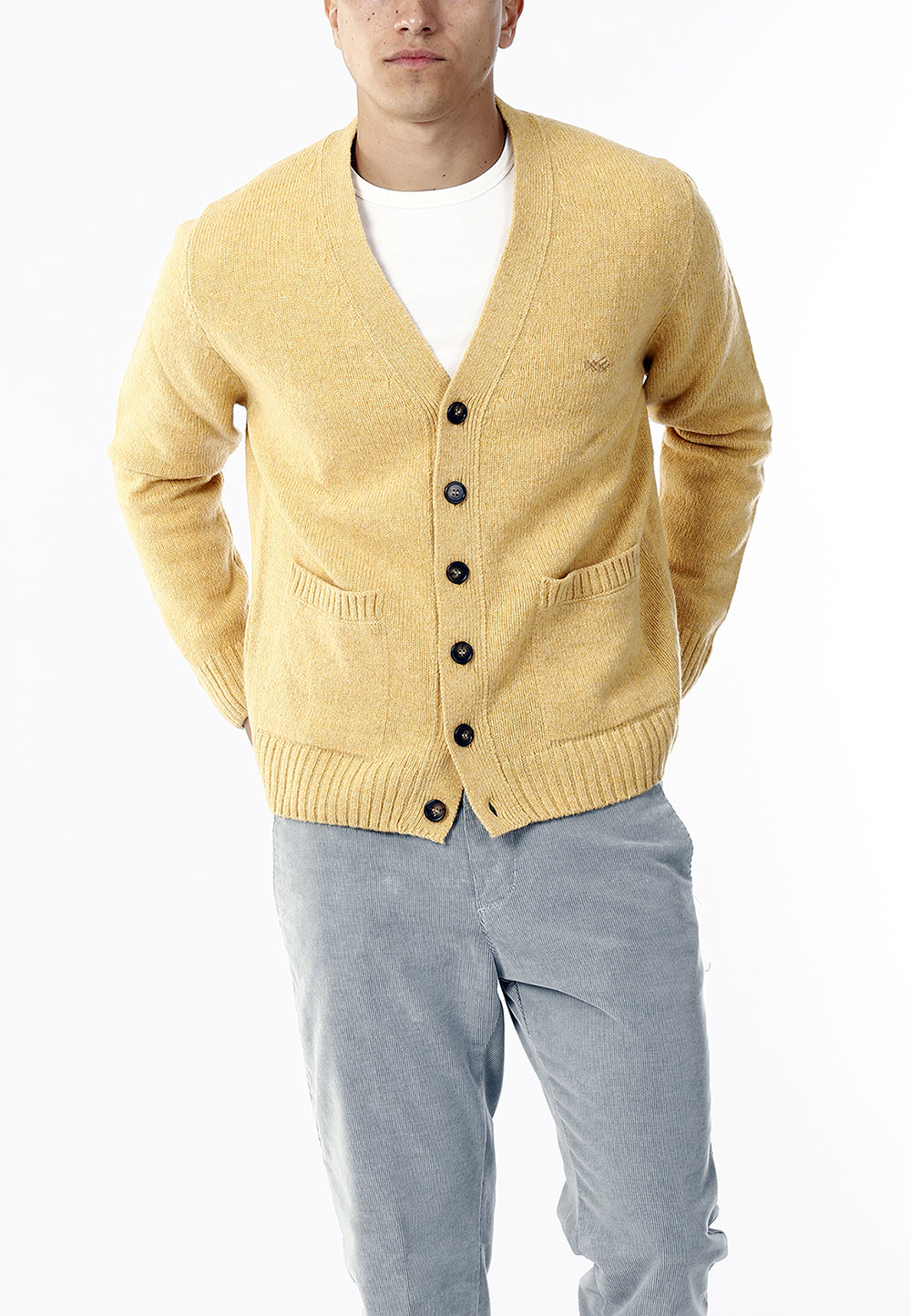 CARDIGAN SCOLLO V LANA SHETLAND 100%_GIALLO