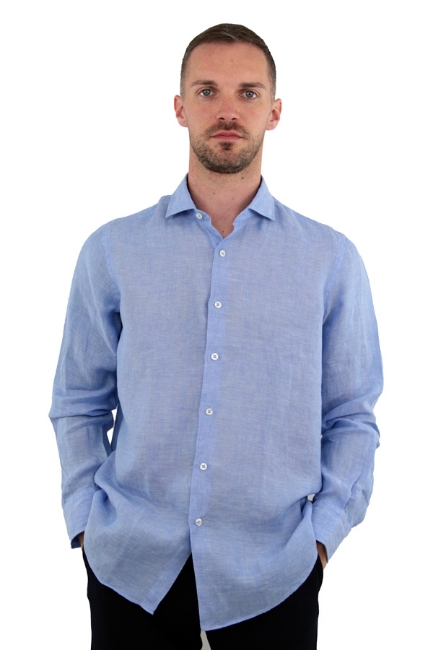 CAMICIA DI LINO CON COLLO CLASSICO AZZURRA